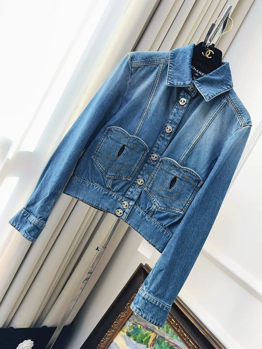 Chanel 24P denim jacket with heart-shaped button and double C heart pocket
