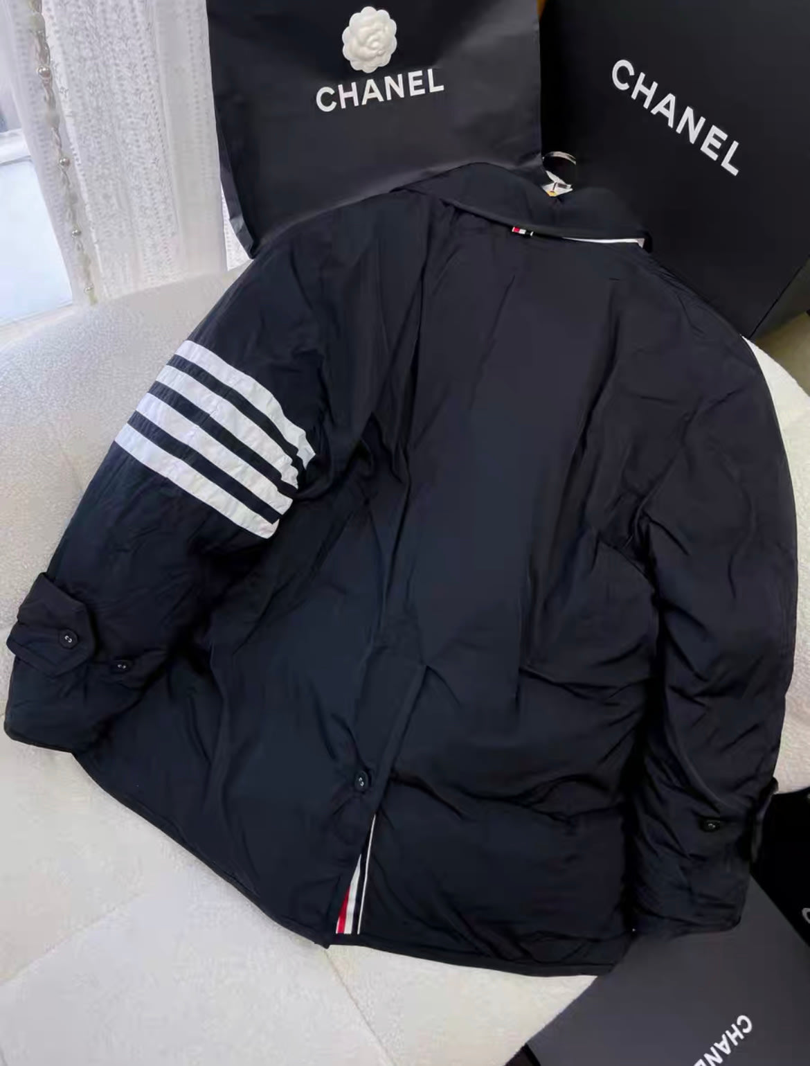 Thom Browne classic four-stripe black down jacket