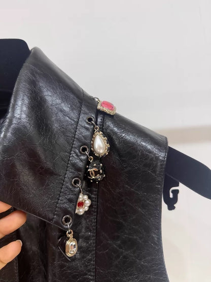 Chanel 24A Black Leather Vest with charms