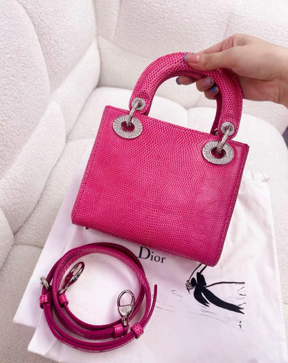 Christian Dior Lady Dior Bag Pink Lizard with Crystal Charms Mini