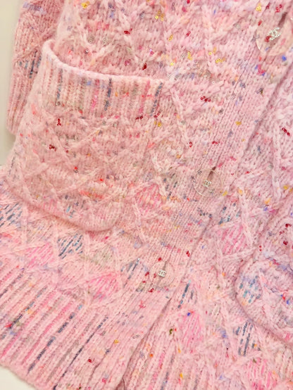 Chanel 17A pink cashmere tweed cardigan