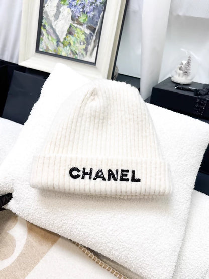 Chanel 22B Cream White Cashmere Sequined Logo Beanie