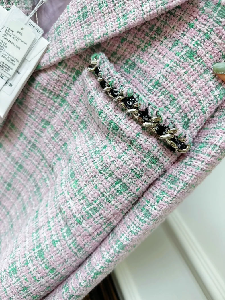 Chanel 21S pink and green tweed oversized coat