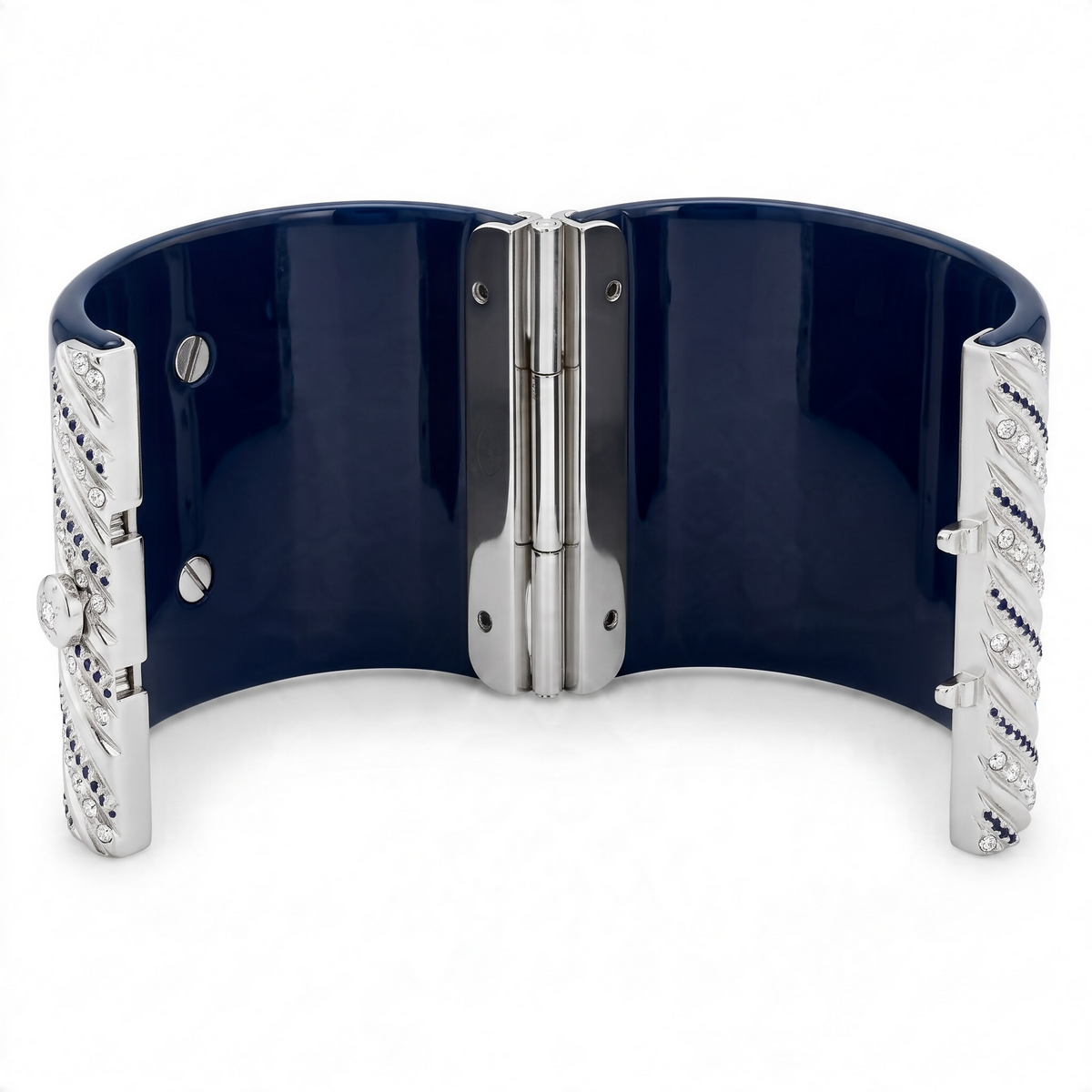 Chanel 13P Navy Blue Silver Crystals Lucite Statement Bracelet Cuff