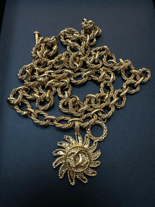 Chanel Vintage 94 Gold Plated Sun CC Pendant Necklace