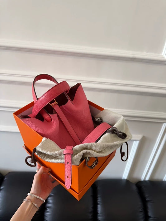 Hermès Picotin Touch lipstick pink crocodile leather gold hardware