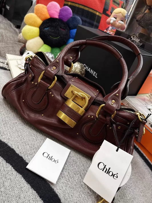 Chloé burgundy grained leather Paddington lock bag