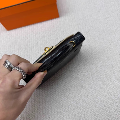 Hermes mini Kelly 20 black matte crocodile leather gold hardware