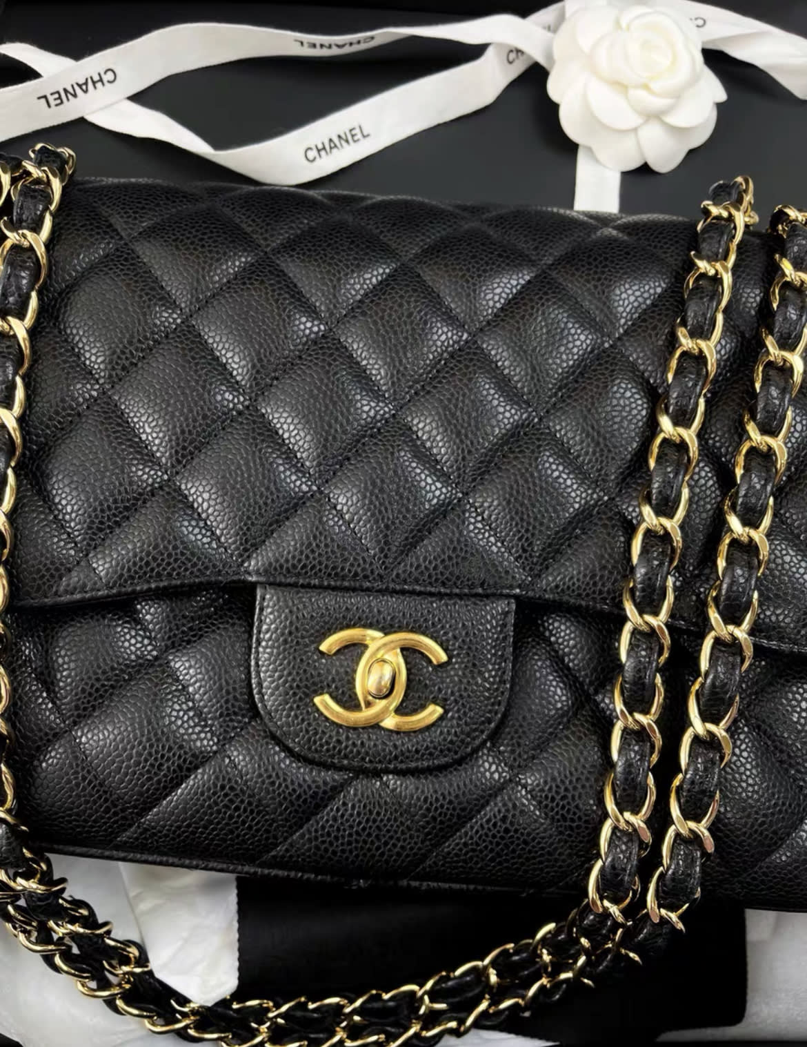 Chanel black lychee leather CF large jumbo chain bag