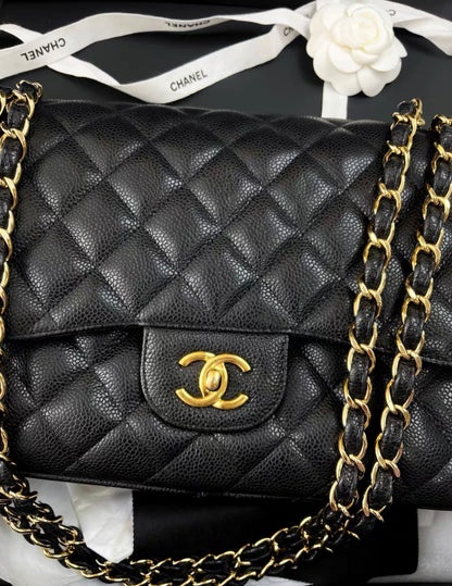 Chanel black lychee leather CF large jumbo chain bag