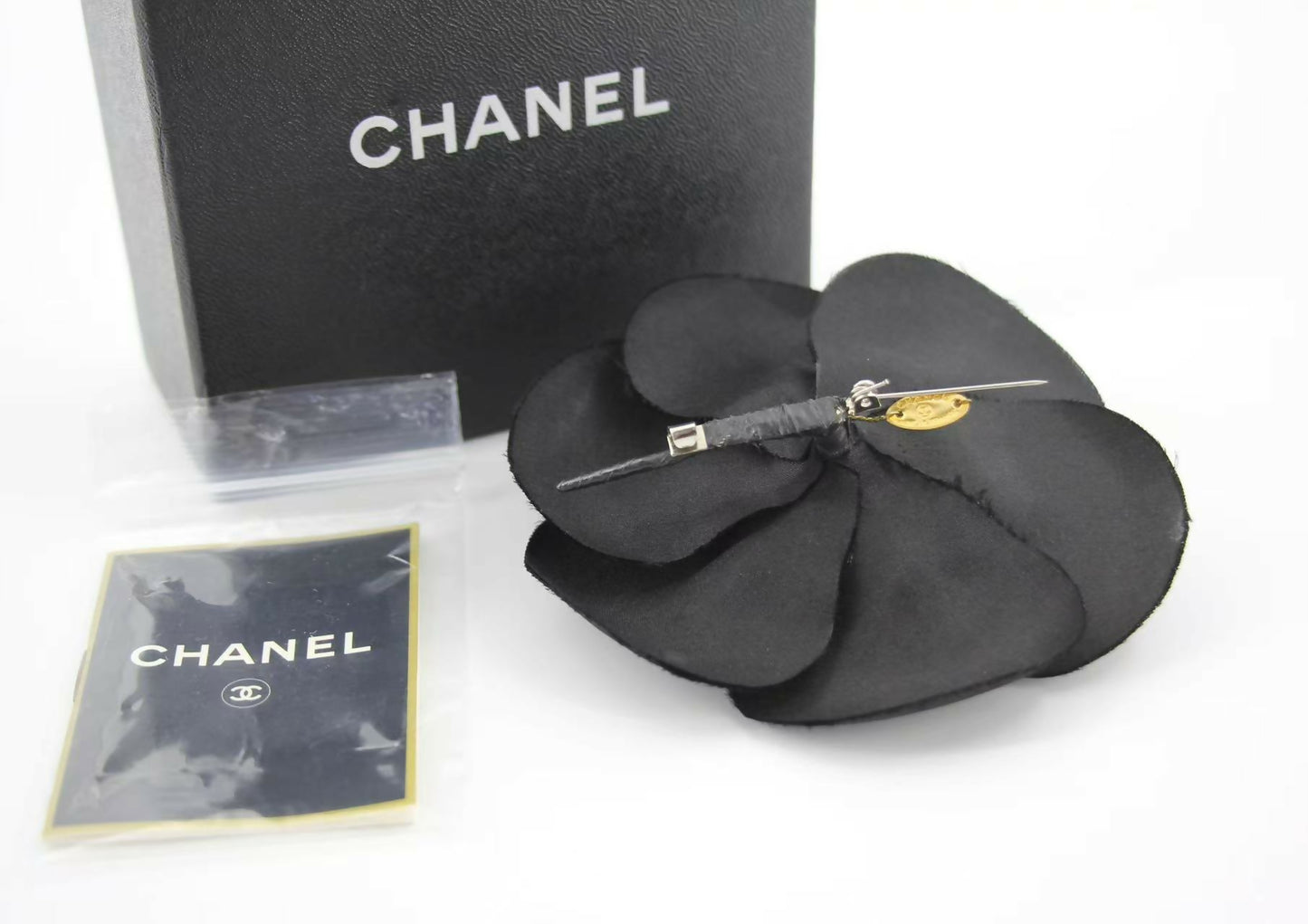 Chanel Vintage 81-85 Silk Black Large Camellia Brooch