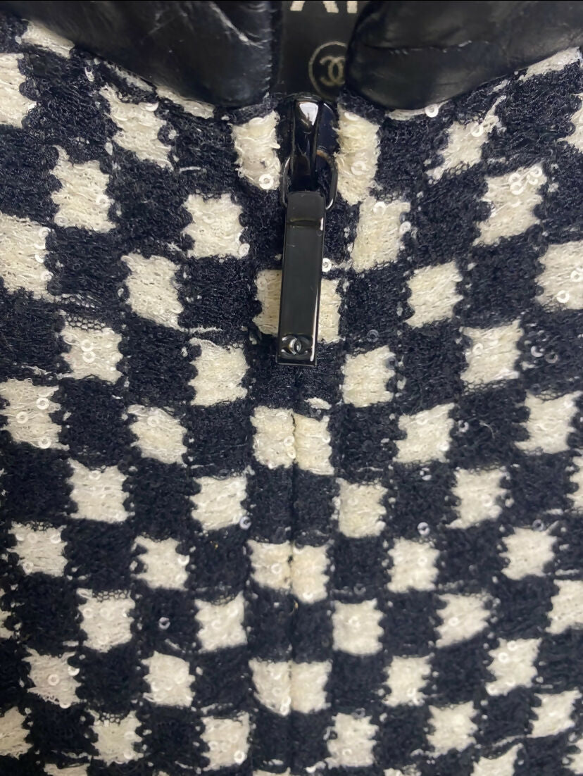 Chanel 17B Metropolitan Checker Sequin Leather Trim Zip Up Jacket FR 42