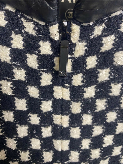 Chanel 17B Metropolitan Checker Sequin Leather Trim Zip Up Jacket FR 42