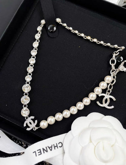 Chanel 23S silver pearl rhinestone choker necklace