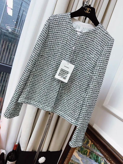 Chanel 23P silver and green sequined tweed jacket