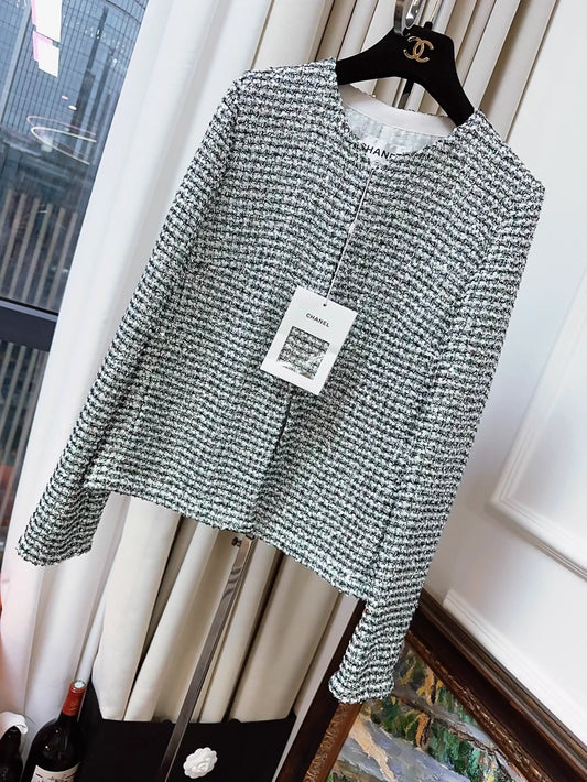 Chanel 23P silver and green sequined tweed jacket