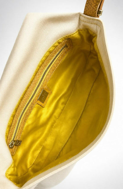 Vintage FENDI White Denim Baguett Bag with Yellow Python Trim