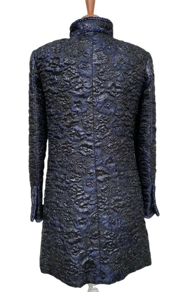 Chanel 16A Paris Rome Black Navy Metallic Camellia Jacquard Braid Long Coat Jacket FR 38