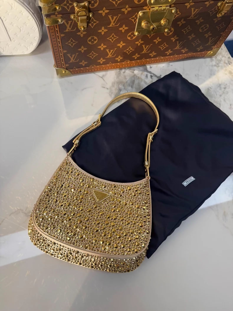 Prada yellow rhinestone satin shoulder bag, covered in super sparkly rhinestones