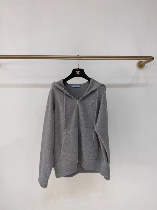 Prada Fall/Winter 2025 gray Hooded 100% Cashmere Knit Cardigan