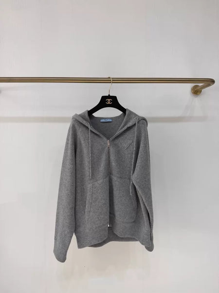 Prada Fall/Winter 2025 gray Hooded 100% Cashmere Knit Cardigan