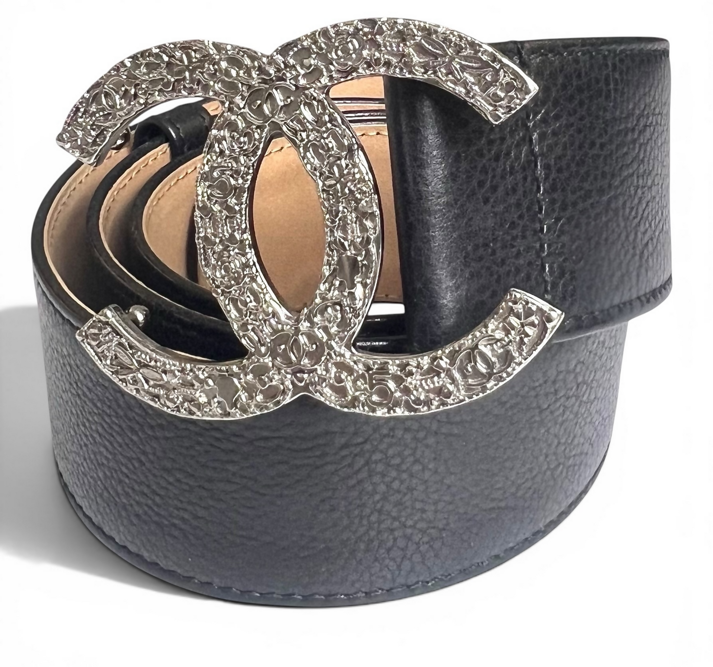Chanel 08A London Black Caviar Leather Silver CC Charm Emblems Belt Size 95/38