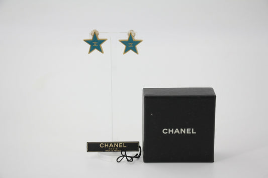 Chanel Vintage 01P Metal Blue-Green Star Clip-on Earrings