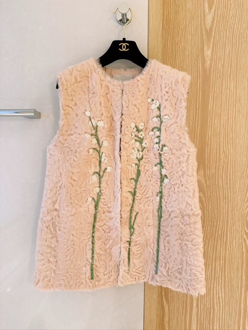 Valentino Pink Lily of the Valley Sequin Embroidered Lambswool Vest