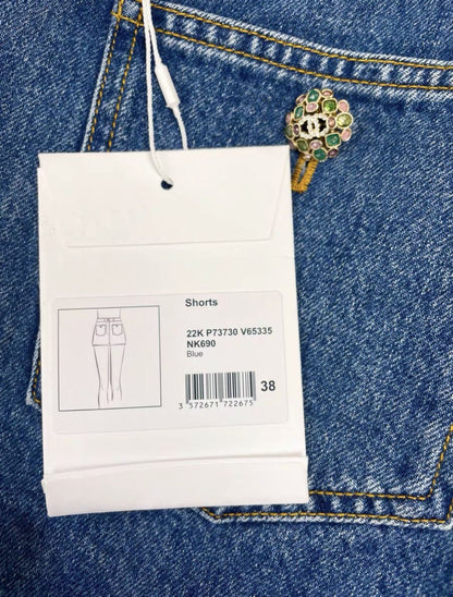 Chanel 22A Blue Gem Button Two-Pocket Denim Shorts