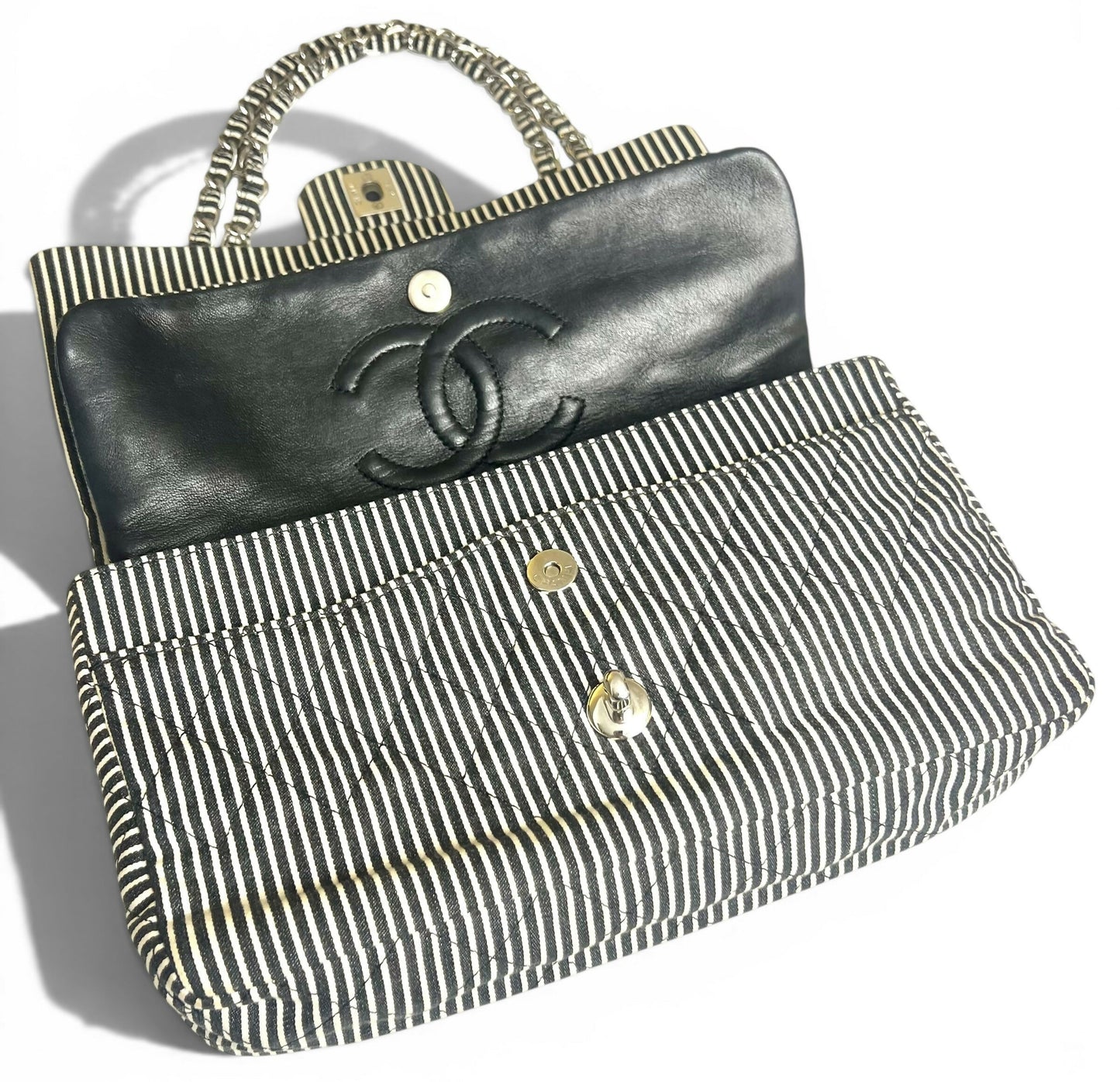 Chanel 08C Medium Black White Stripe Denim Canvas Classic Double Flap Bag