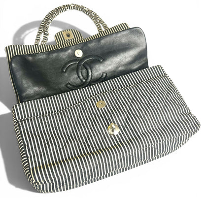 Chanel 08C Medium Black White Stripe Denim Canvas Classic Double Flap Bag
