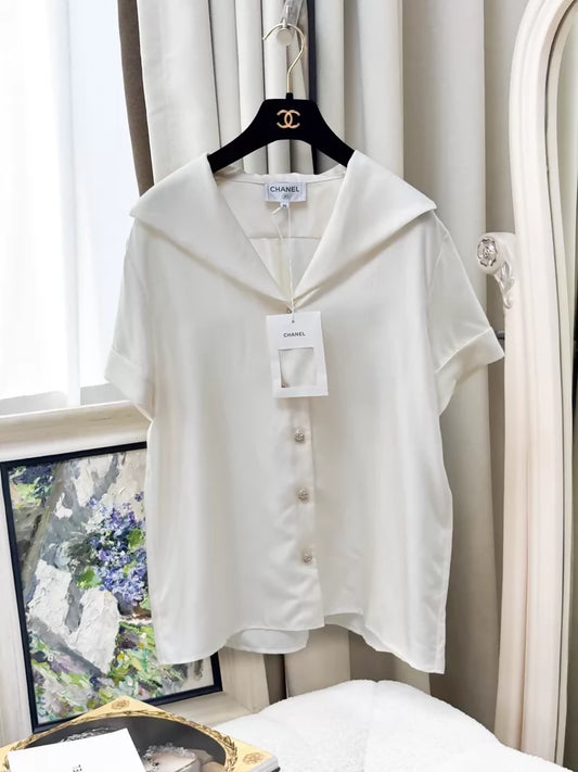 Chanel 26C Off-White Silk Shirt with Gold Buttons