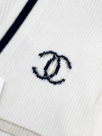 Chanel 22B cashmere black and white striped knit cardigan