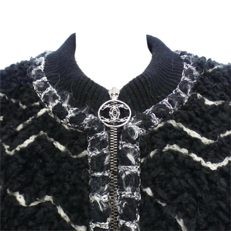 Chanel 19B Black Fuzzy Alpaca CC Zipper Bomber Jacket Coat FR 36