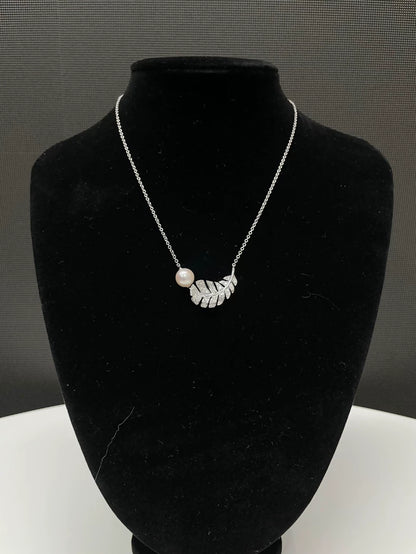 Chanel Silver Diamond Feather Pearl Necklace