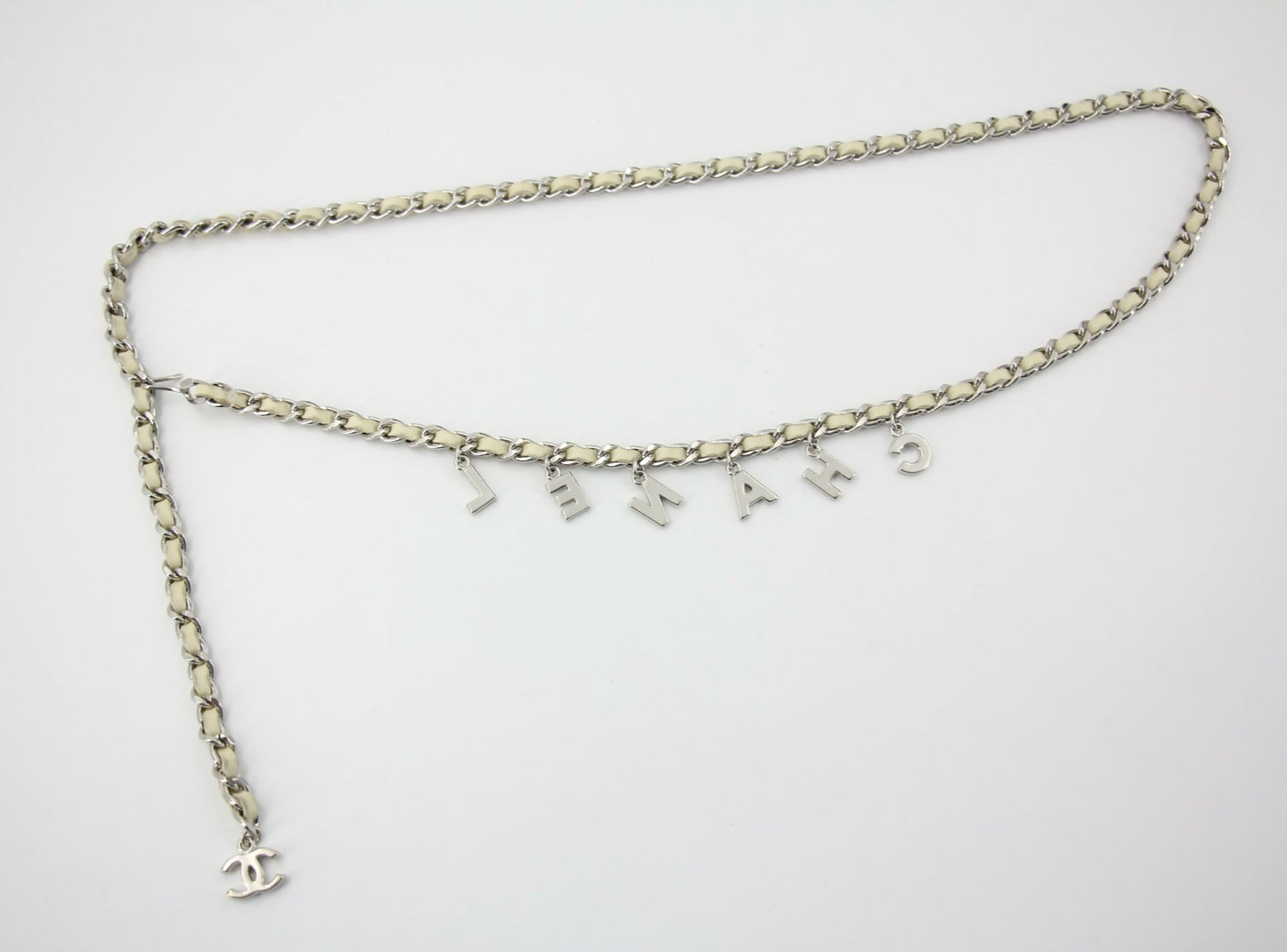Chanel A12C Leather with Metal Beige White and Silver Waist Chain L95