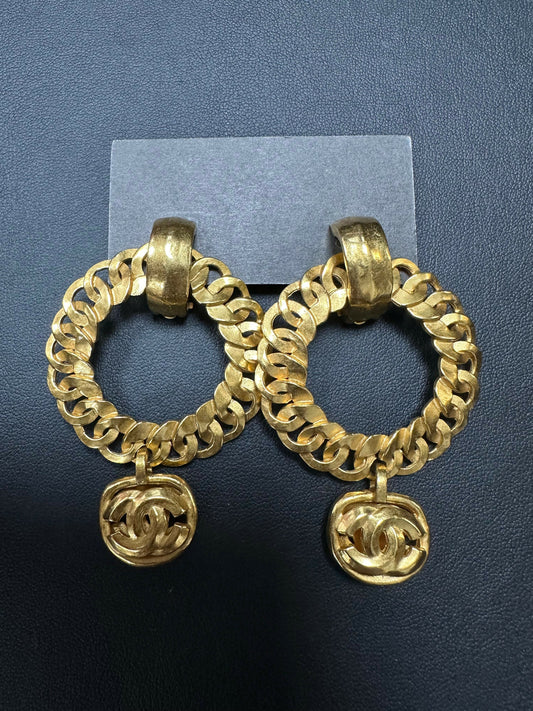 Chanel Vintage 96 Gold Plated CC Dangle Hoop Earrings
