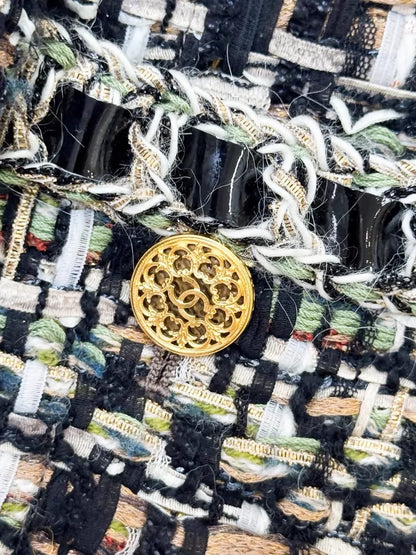 Chanel 16A multicolour tweed leather jacket with chain trim