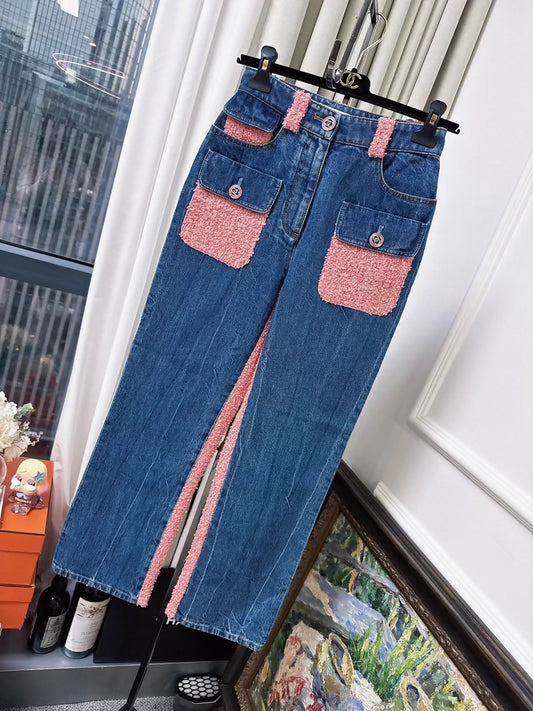 Chanel 21C denim orange-pink tweed straight-leg jeans