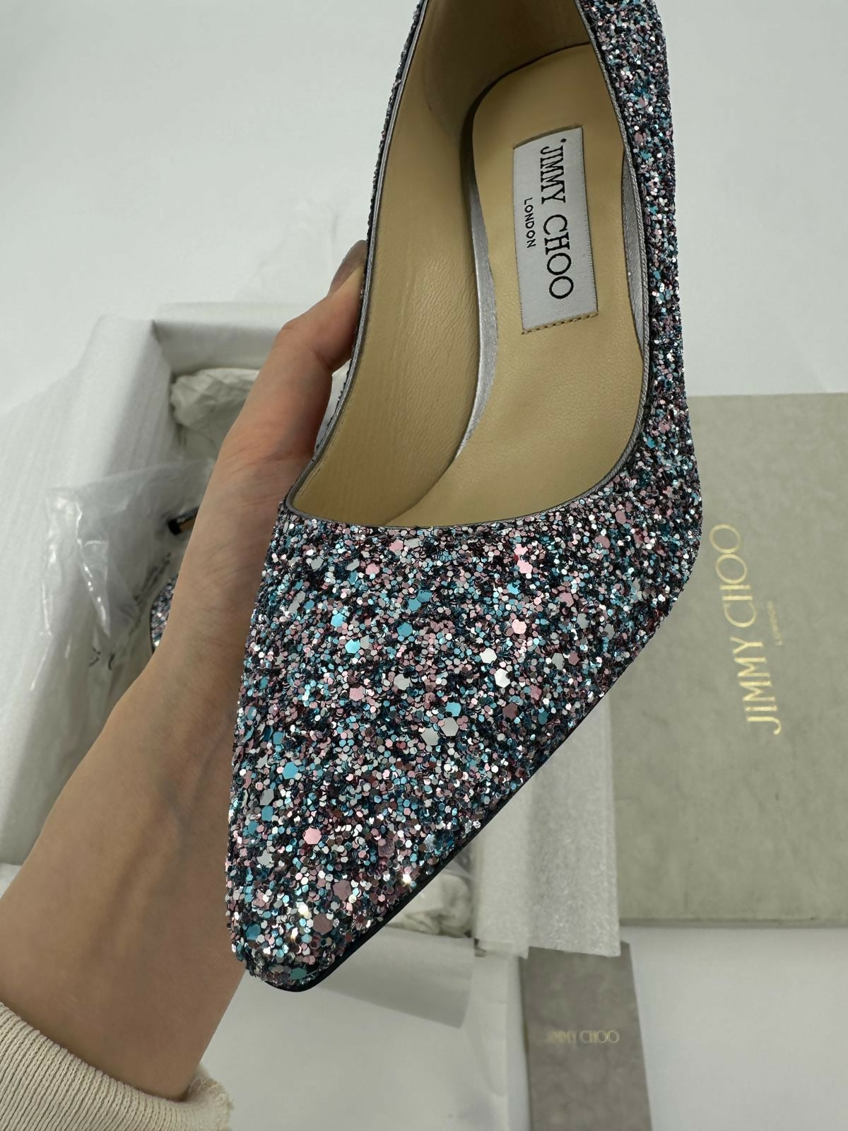 Jimmy Choo Romy Light Blue Multicolour Glitter Pumps Size 38.5