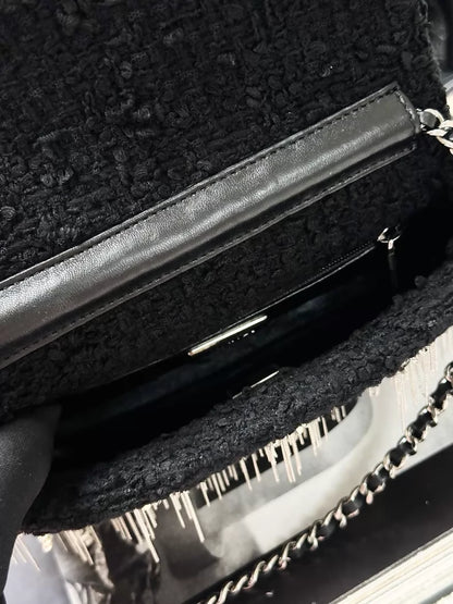 Chanel 23S black and silver tassel pearl leather tweed square flap bag
