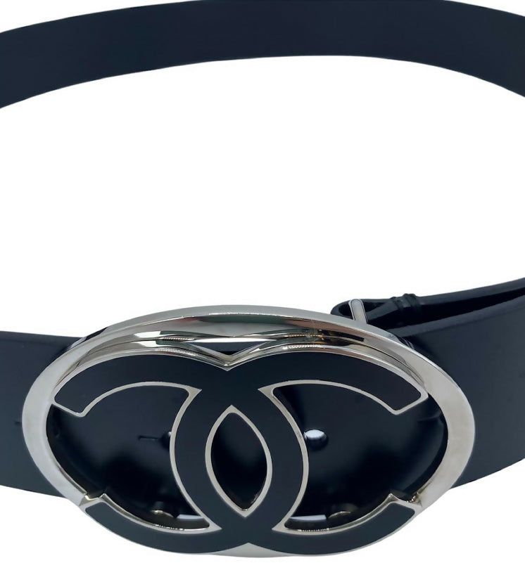 Chanel 2013 Black Silver Oval CC Leather Belt Size 90/36