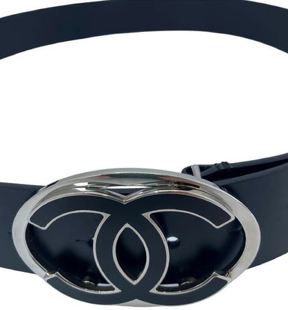 Chanel 2013 Black Silver Oval CC Leather Belt Size 90/36