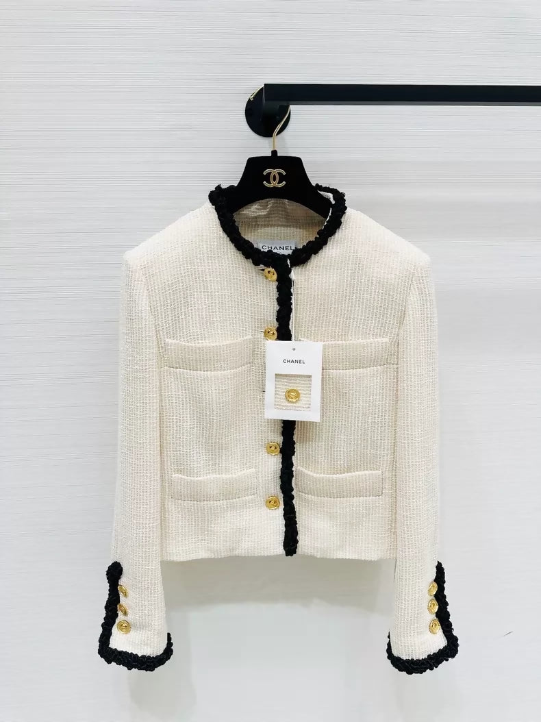 Chanel 26S Limited Edition White and Black Trim Knitted Jacket