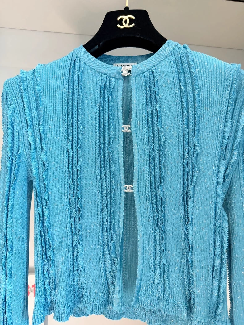 Chanel 23P rhinestone double C button closure Turquoise blue cardigan