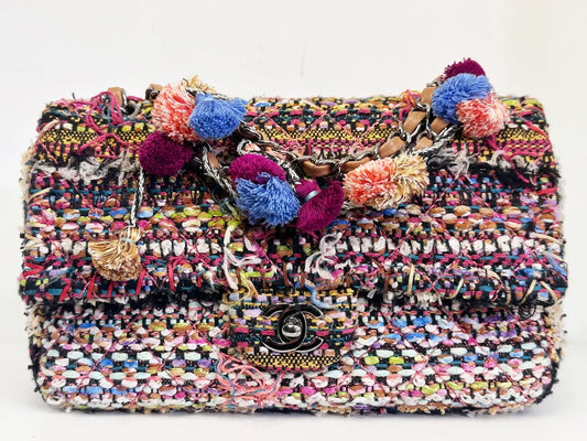 Chanel Pom Pom CC Quilted Tweed Medium Flap Bag with Ruthenium Hardware