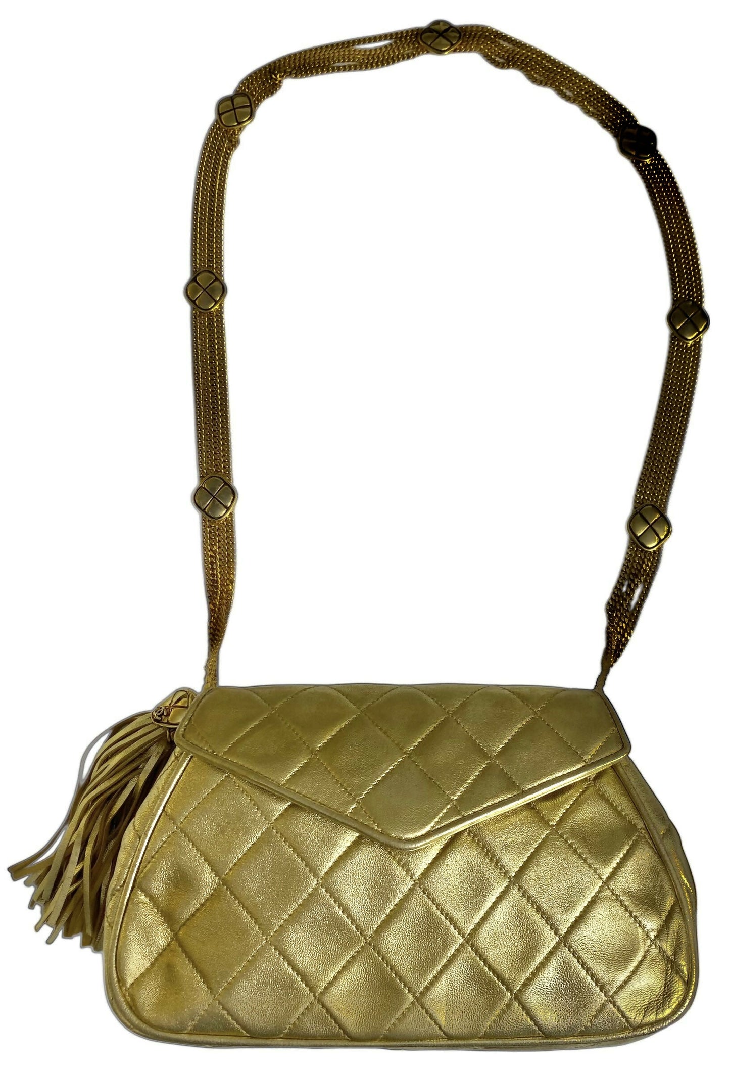 Rare 90’s Chanel Vintage Gold Quilted Lambskin Leather Multi Chain Jewelry Tassel Bag