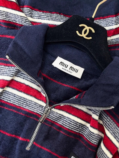 Miumiu Spring/Summer 2026 Blue Velvet Striped Zippered Neck Terry Fabric Polo Shirt top