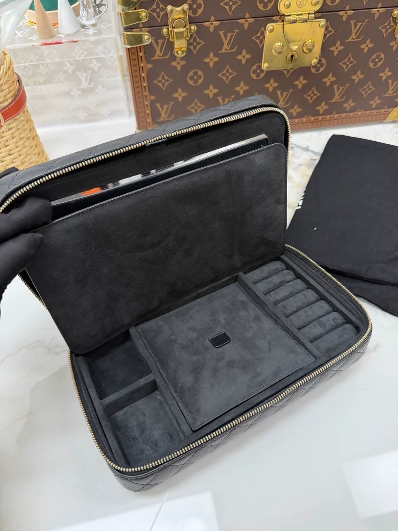Chanel black leather cosmetic/jewellery box case