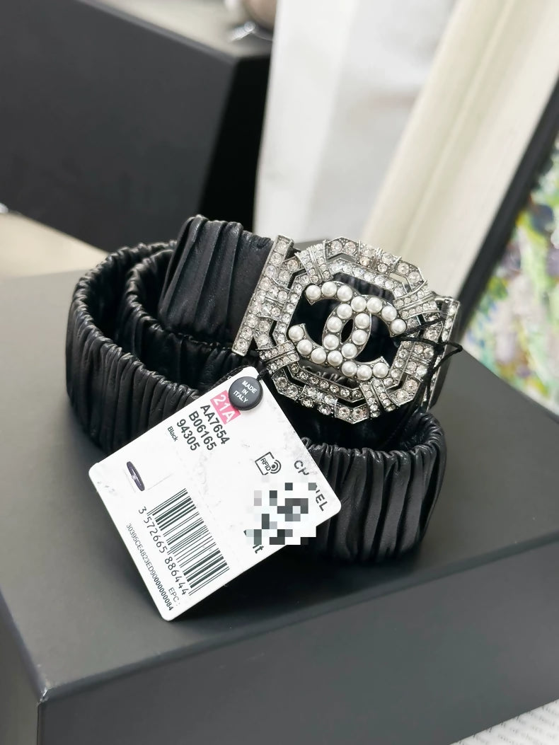 Chanel 21A lambskin elastic belt with rhinestone and pearl hardware